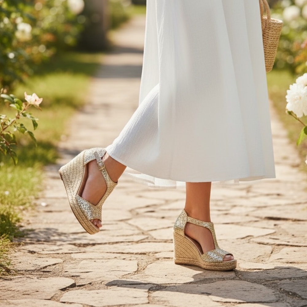 Nine West Sparkling Gold Espadrille Wedges